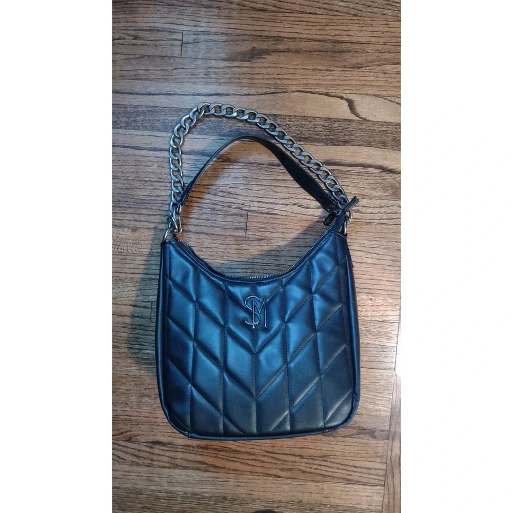 Steve Madden Black Quilted Hobo Shoulder Bag SM Logo Faux Leather Gunmetal chain